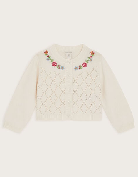 Baby Floral Pointelle Knit Cardigan, Ivory (IVORY), large