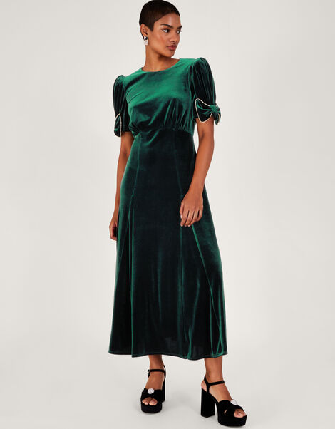 Belle Velvet Bow Dress, Green (GREEN), large