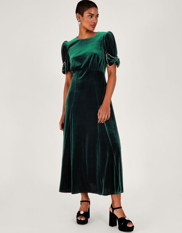 Belle Velvet Bow Dress, Green (GREEN), large