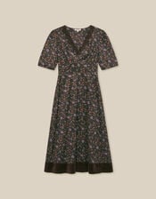 Carly V-Neck Floral Print Velvet Midi Dress, Brown (BROWN), large