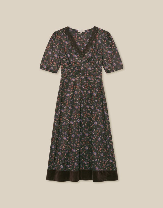 Carly V-Neck Floral Print Velvet Midi Dress, Brown (BROWN), large