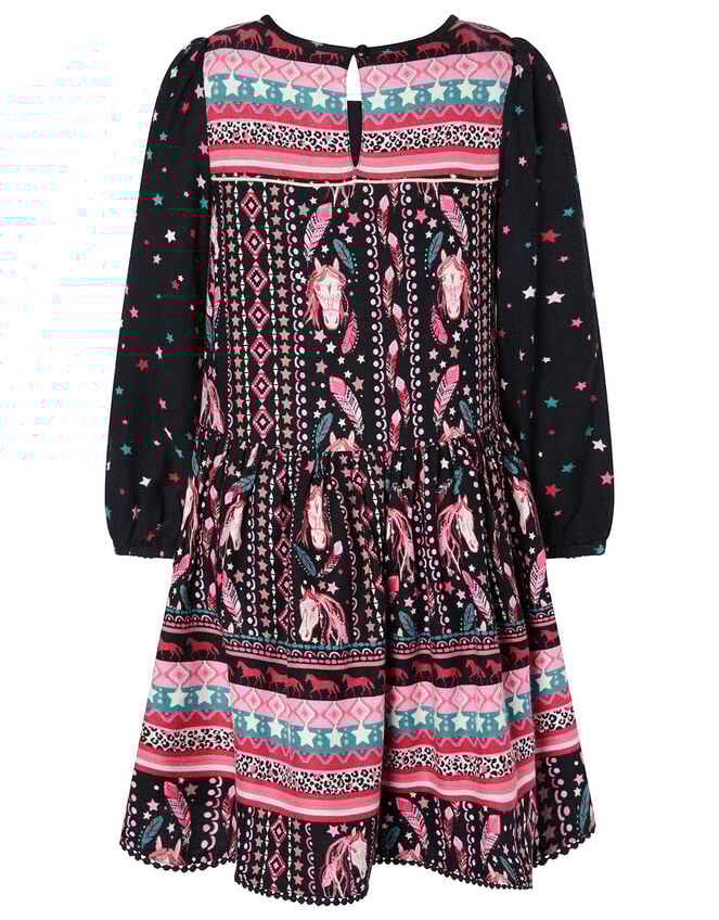 Horse Print Long Sleeve Dress, Black (BLACK), large