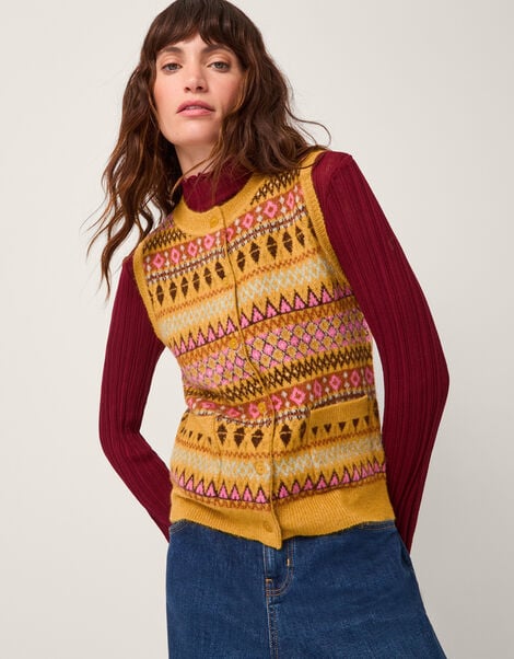 Fleur Fair Isle Button Knitted Vest, Yellow (OCHRE), large
