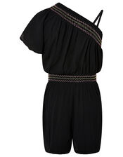 One-Shoulder Playsuit in Recycled Viscose, Black (BLACK), large