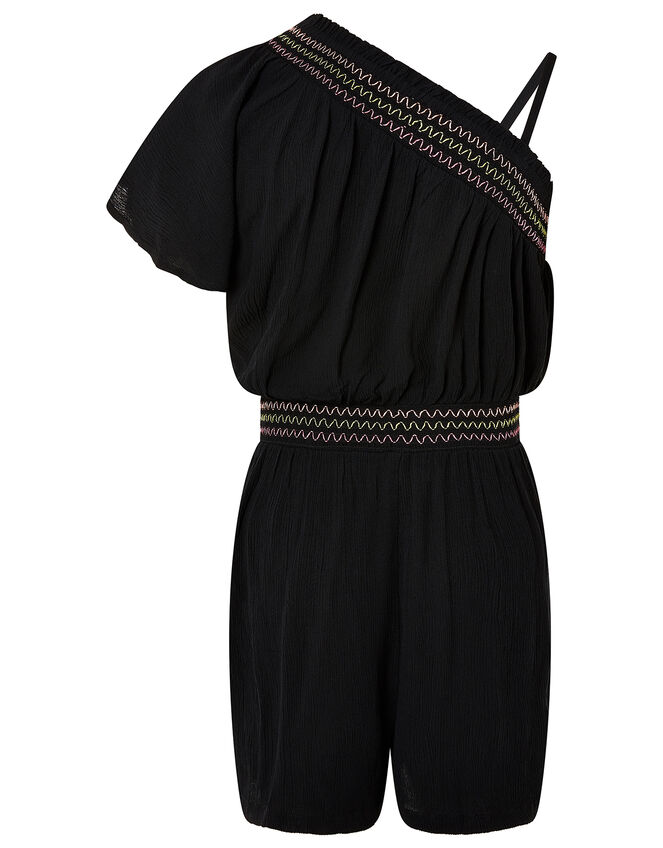 One-Shoulder Playsuit in Recycled Viscose, Black (BLACK), large