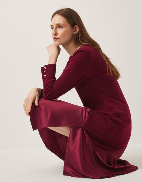Saz Asymmetrical Mix Satin Midi Dress, Red (BERRY), large