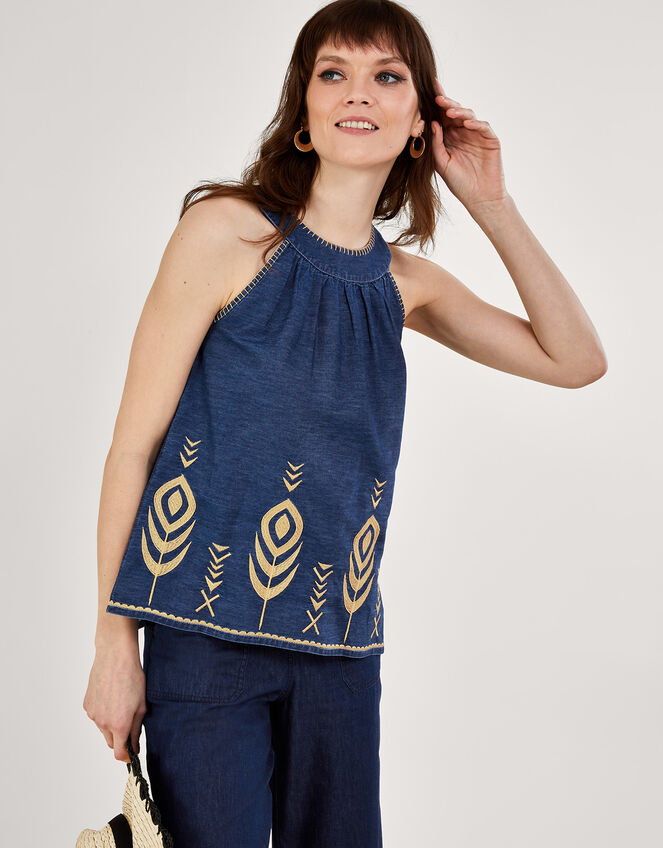 Peacock Feather Embroidered Chambray Denim Tank Top, Blue (DENIM BLUE), large