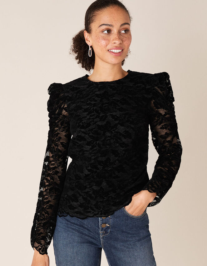 Flocked Lace Long-Sleeve Top, Black (BLACK), large