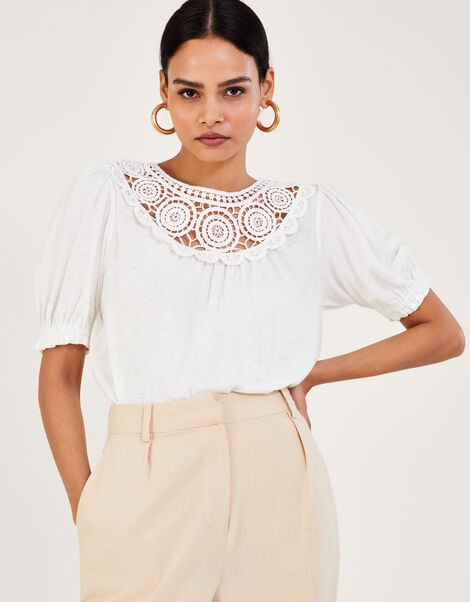 Crochet Frill Sleeve Top in Linen Blend Ivory, Ivory (IVORY), large