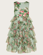 Flora Rose Print Tiered Tulle Dress, Green (GREEN), large