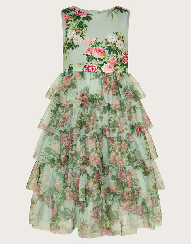 Flora Rose Print Tiered Tulle Dress, Green (GREEN), large