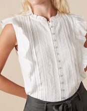 Elizabeth Embroidered Jersey Sleeveless Shirt, Ivory (IVORY), large