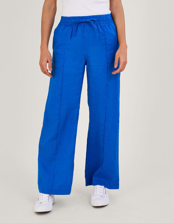 Linen Wide Leg Pull On Pants, Blue (COBALT), large