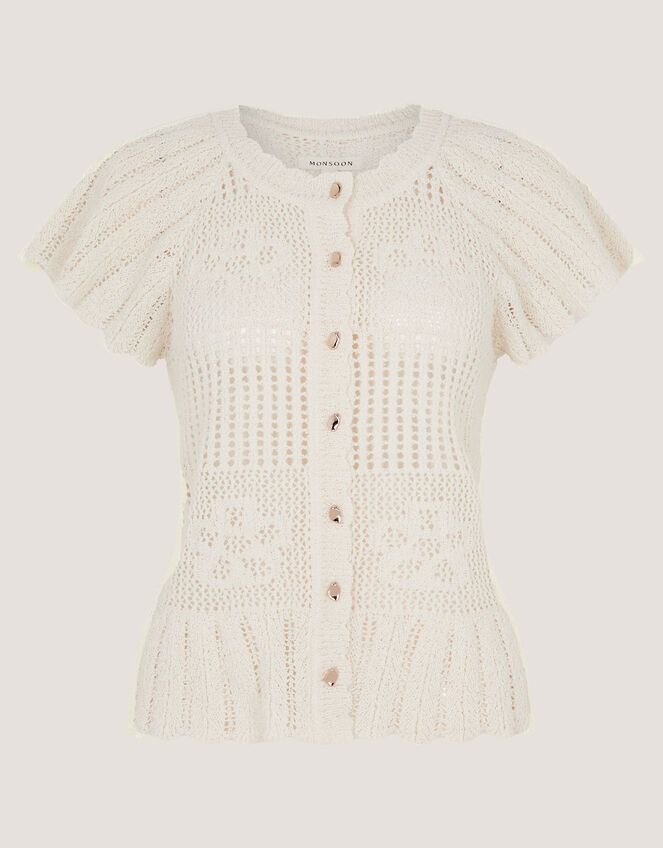 Indi Short Sleeve Floral Pointelle Cardigan, Ivory (IVORY), large
