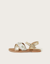 Flower Embellished Metallic Sandals, Ivory (IVORY), large