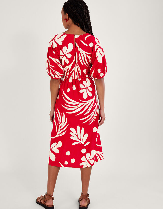 Abstract Palm Print Tie Front Midi Dress, Red (RED), large