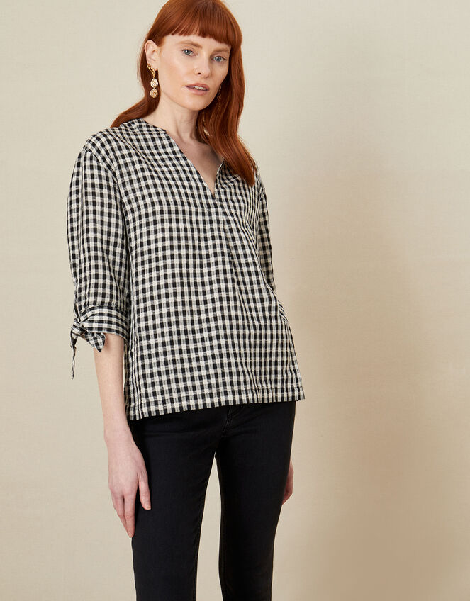 Lilly Gingham Top in Linen Blend, Black (BLACK), large