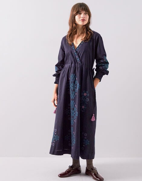 East Sophia Floral Embroidered Cotton Midi Dress, Blue (NAVY), large