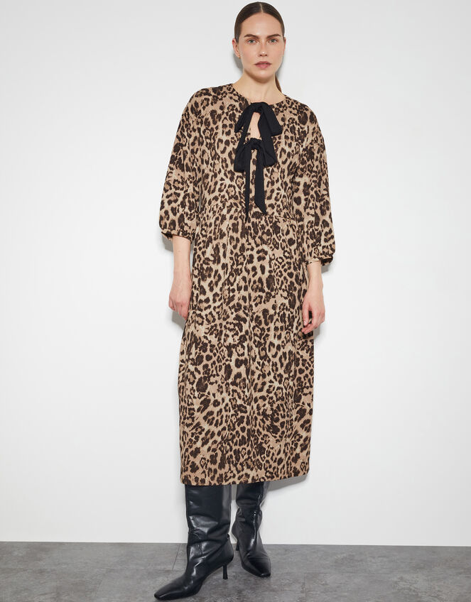 Archie Tie-Front Leopard Print Midi Dress, Brown (BROWN), large