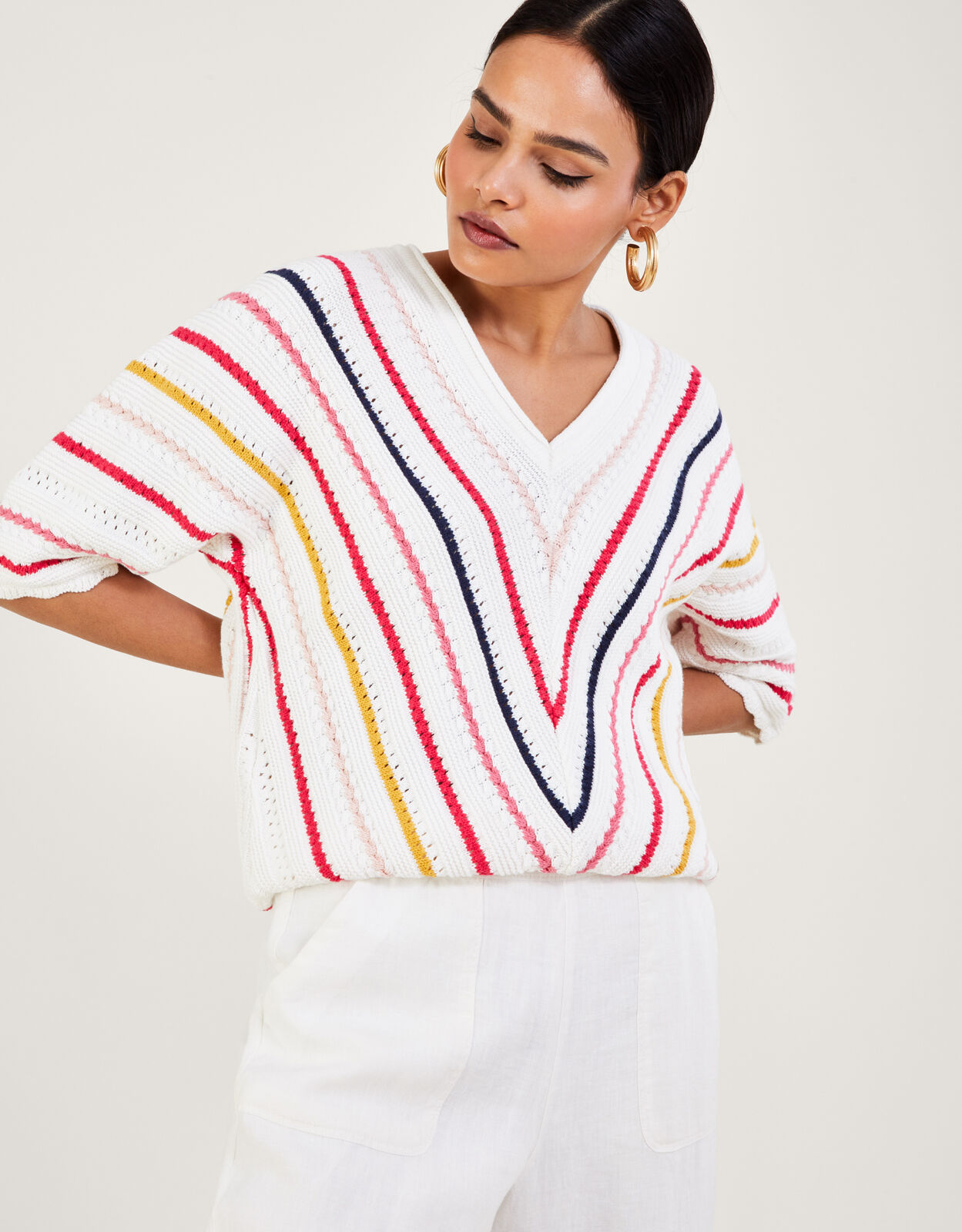 Chevron Textured Stripe Jumper in Sustainable Cotton Ivory