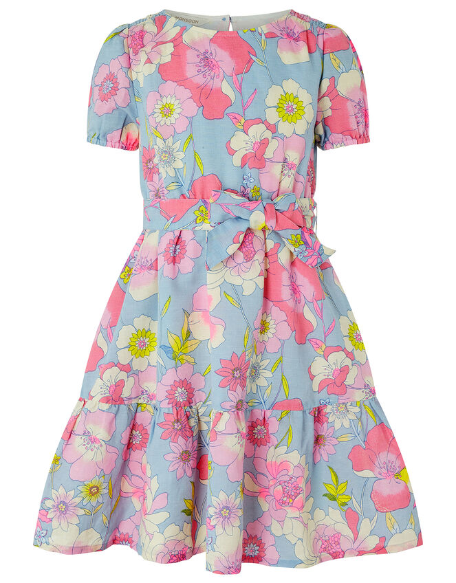 Octavia Floral Dress in Linen and Organic Cotton, Blue (BLUE), large