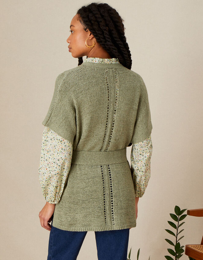Tape Belted Midi Cardigan, Green (KHAKI), large