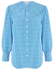 Printed Wide Collar Blouse, Blue (BLUE), large