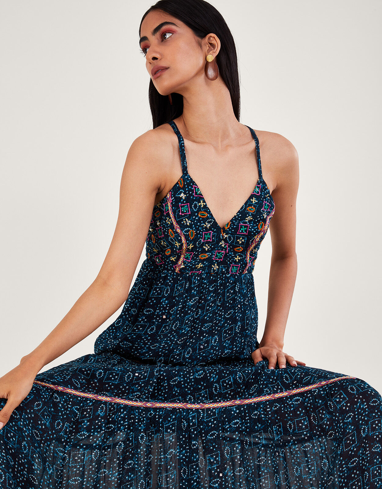 Embellished Print Maxi Cami Dress Blue