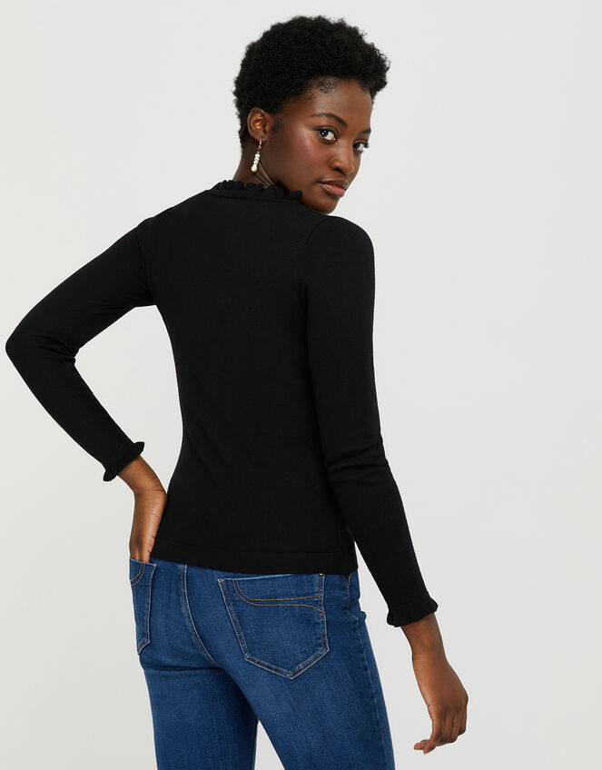 Frilled Knit Cardigan with Faux Pearl Buttons, Black (BLACK), large