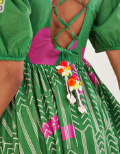 Embroidered Chevron Artisanal Dress, Green (GREEN), large