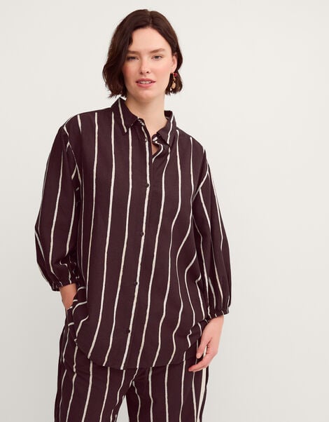 Callie Thorpe x Monsoon Stripe Linen Blend Shirt, Brown (BROWN), large