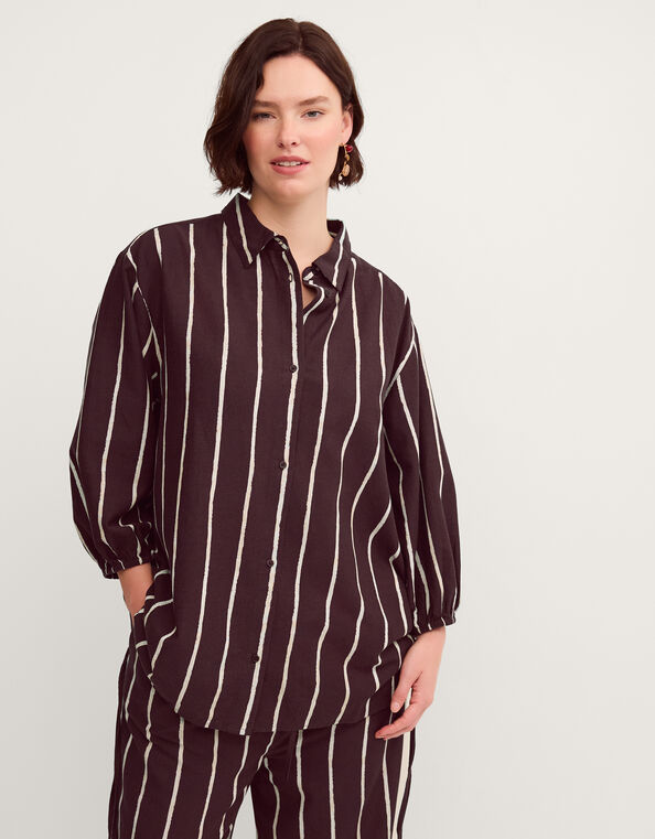 Callie Thorpe x Monsoon Stripe Linen Blend Shirt, Brown (BROWN), large