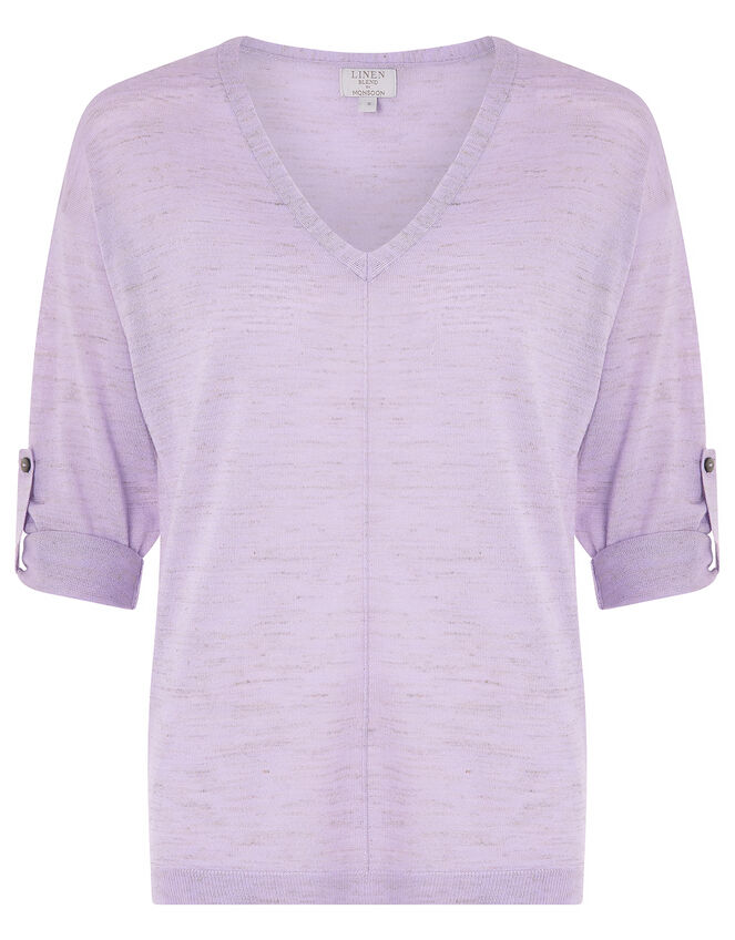 Tilly Tab Sleeve Lightweight Jumper in Linen Blend, Purple (LILAC), large