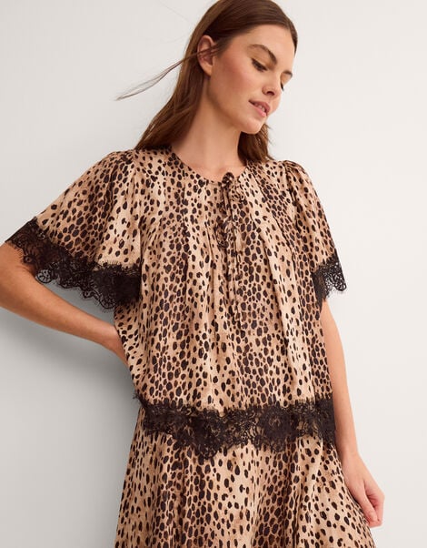 Babette Leopard Print Lace Top, Brown (BROWN), large