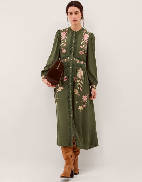 Amelie Floral Embroidered Midi Dress, Green (DARK GREEN), large