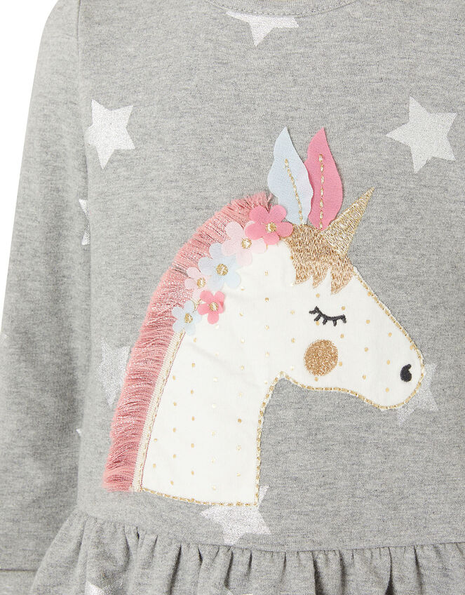 Baby Unicorn Sweat Dress in Pure Cotton, Grey (GREY), large