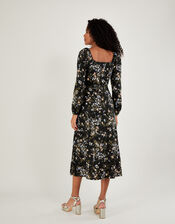 Floral Square Neck Split Jersey Dress, Black (BLACK), large