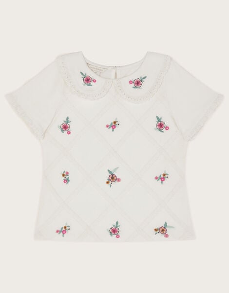 Floral Embroidered Collar T-Shirt, Ivory (IVORY), large