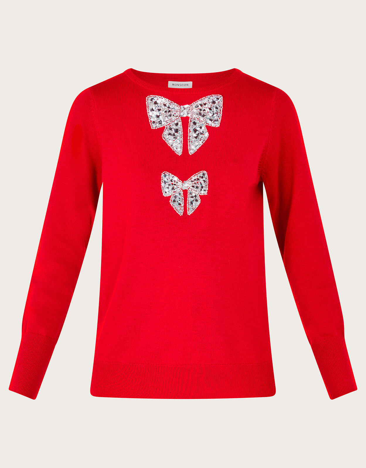 White jumper top with red bow