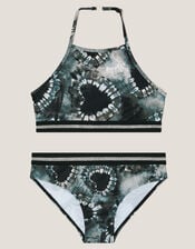 Heart Tie-Dye Halter Bralette Bikini Set, Black (BLACK), large