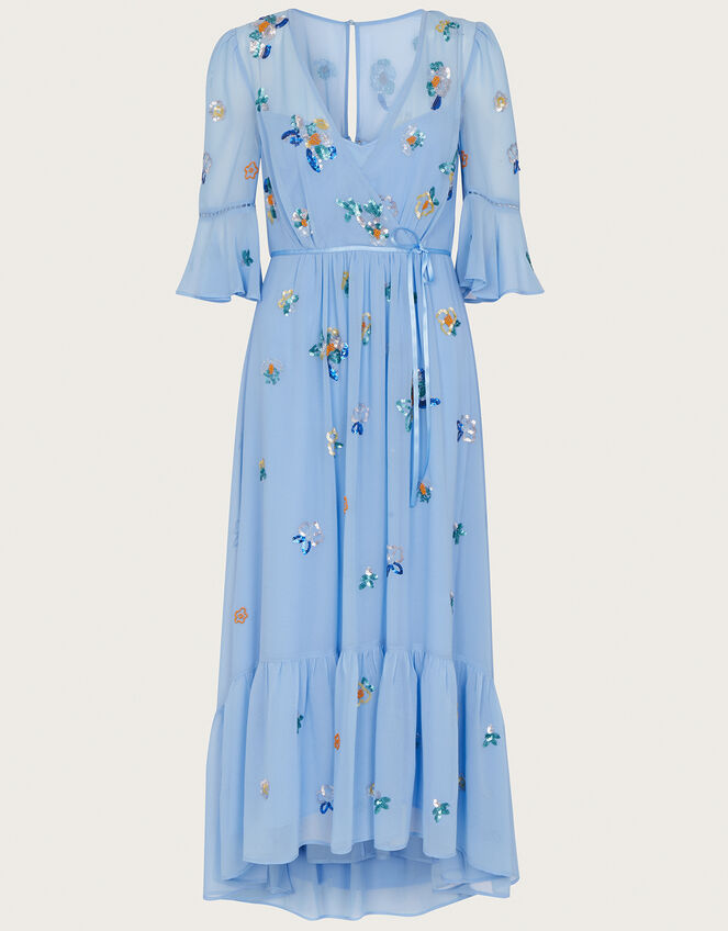 Daniella Embellished Wrap Dress in Recycled Polyester, Blue (BLUE), large