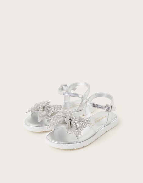 Diamante Bow Metallic Sandals, Silver (SILVER), large