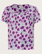 Square Neck Floral Short Sleeve Linen Top, White (WHITE), large