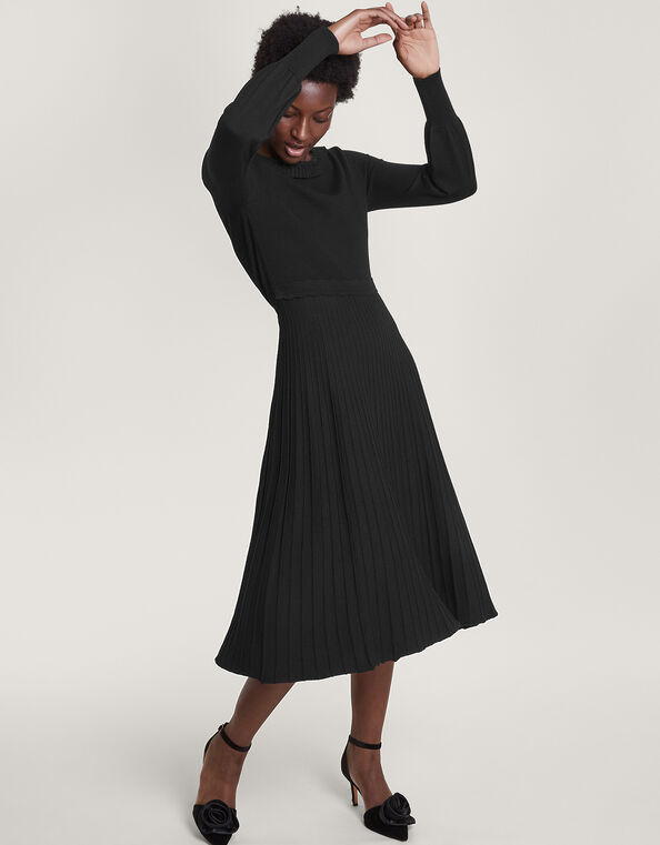 Pleat Trim Slash Neck Midi Dress with LENZING™ ECOVERO™ , Black (BLACK), large