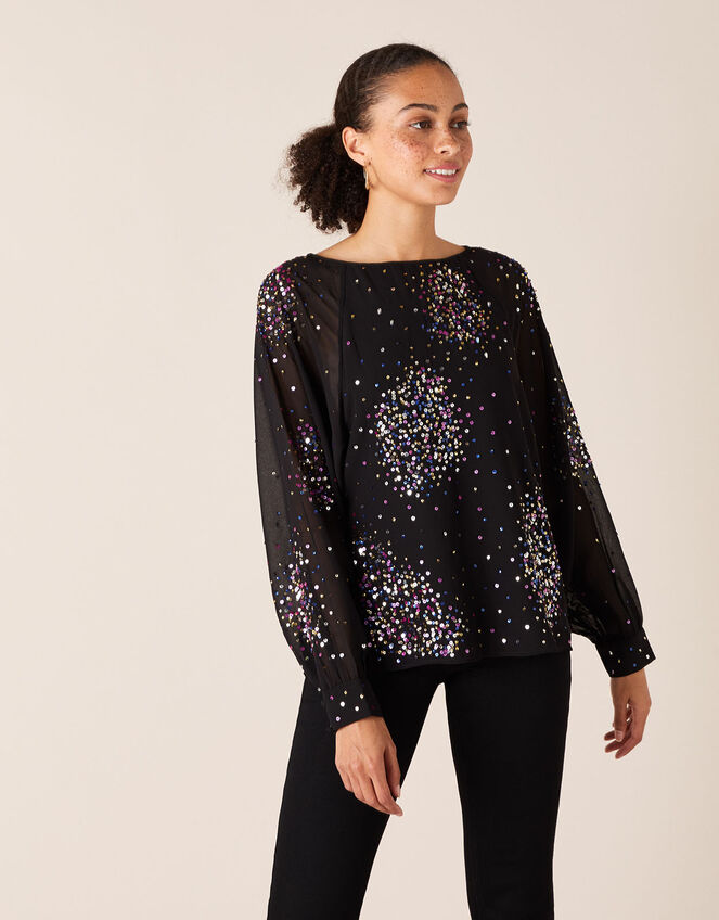 Lucienne Sequin Blouse in Recycled Fabric, Black (BLACK), large