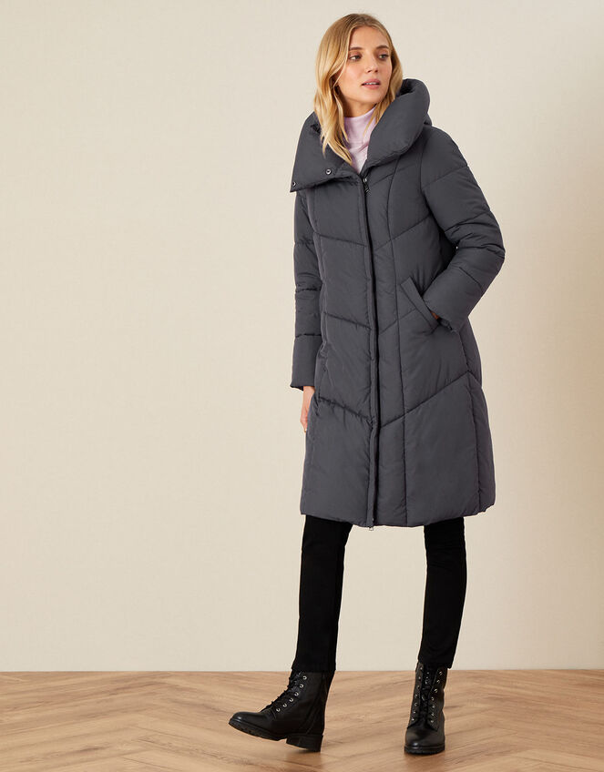 Longline Hooded Padded Coat, Grey (CHARCOAL), large
