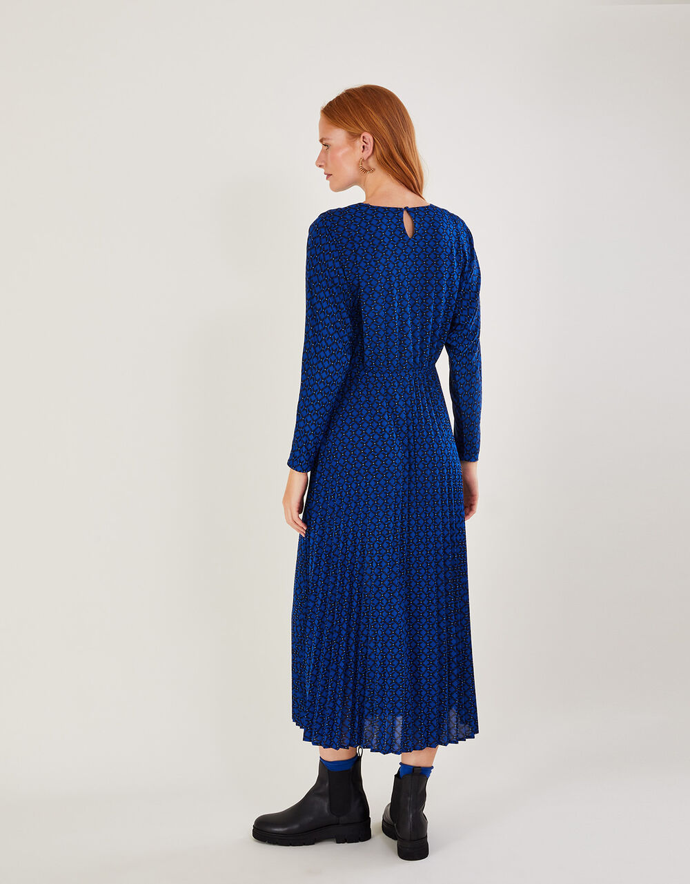 Pleated Batwing Midi Jersey Dress with Recycled Polyester Blue
