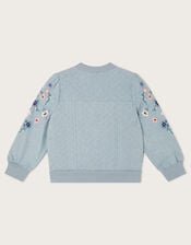 Chambray Embroidered Bomber Jacket, Blue (BLUE), large