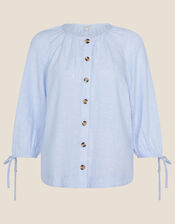 Button Through Chambray Linen Blouse, Blue (BLUE), large