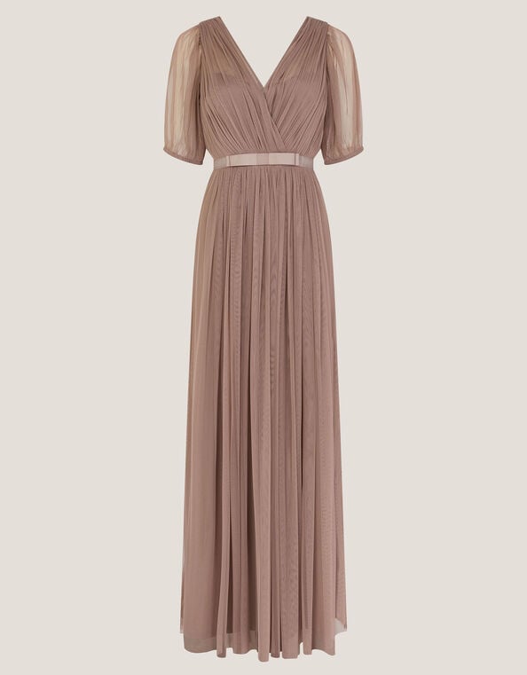 Ellie Sheer Sleeve Plunge Tulle Maxi Dress, Mink (MINK), large